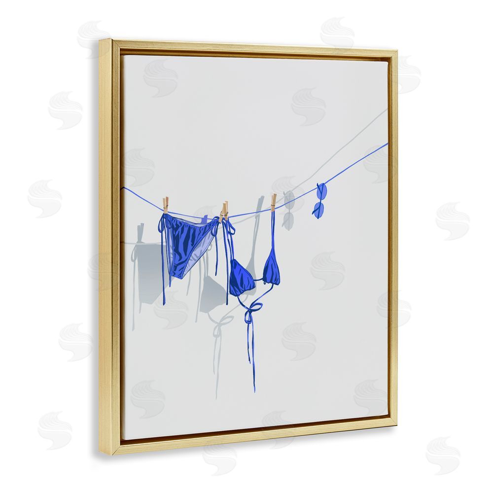 Ziwei Li Blue Bikini on Clothesline Gold Floating Frame Stretched Canvas Wall Art Print