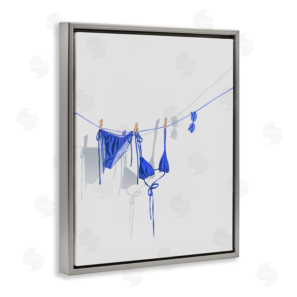 Ziwei Li Blue Bikini on Clothesline Gray Floating Frame Stretched Canvas Wall Art Print