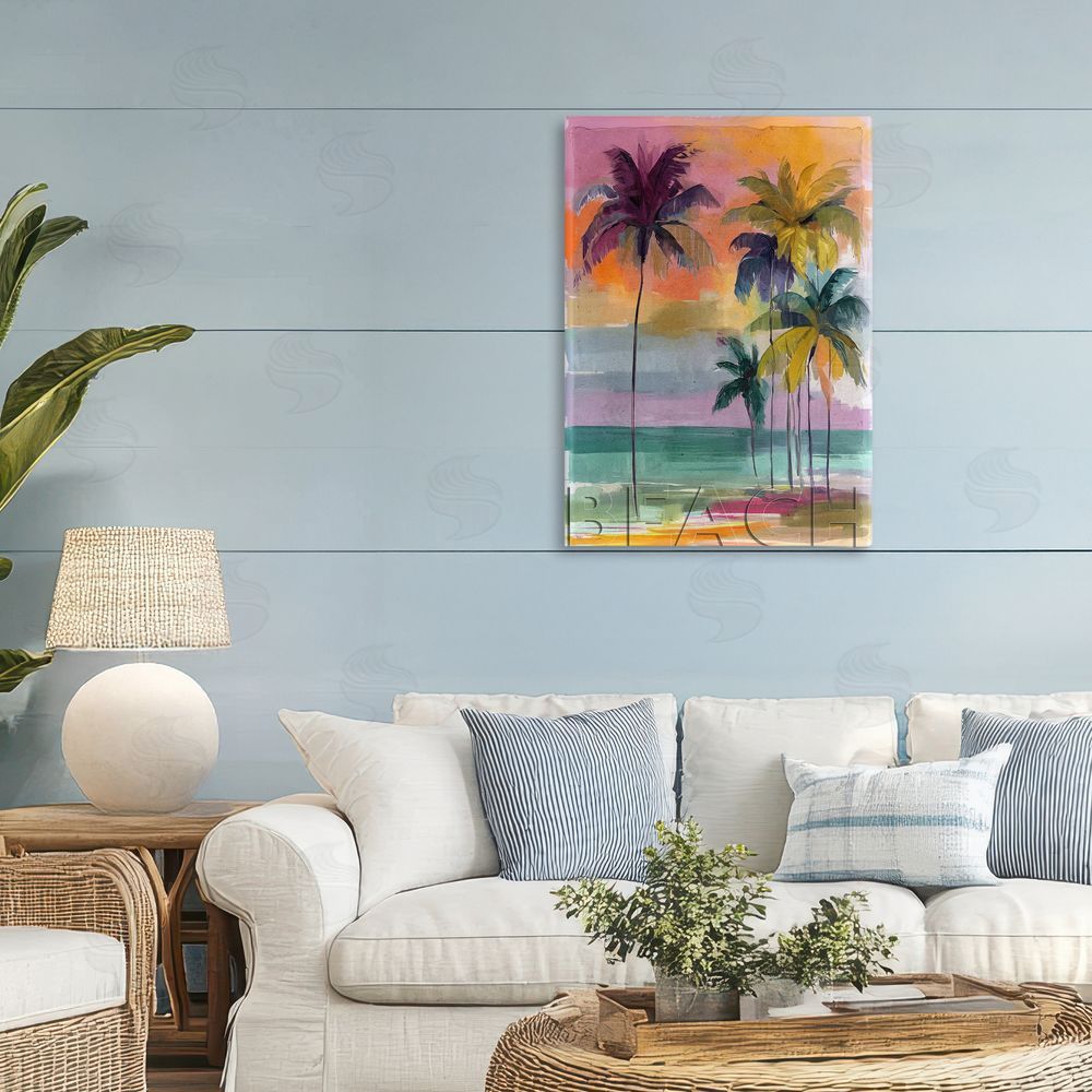 Annabelle Hall Crayon Beach at Sunset Stretched Canvas Wall Art in Room