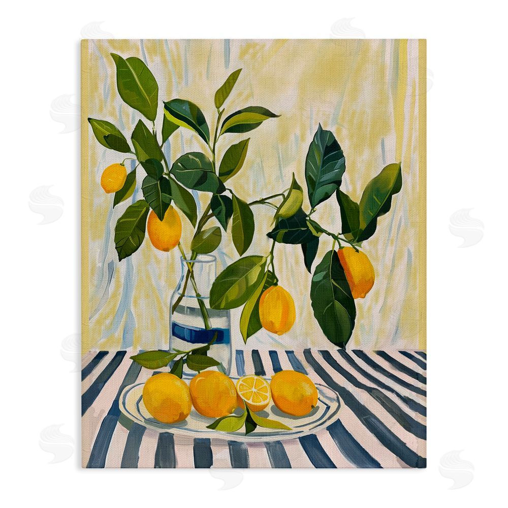 Yen Lemons on Striped Tablecloth Stretched Canvas Wall Art