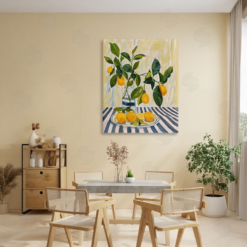 Yen Lemons on Striped Tablecloth Stretched Canvas Wall Art in Room