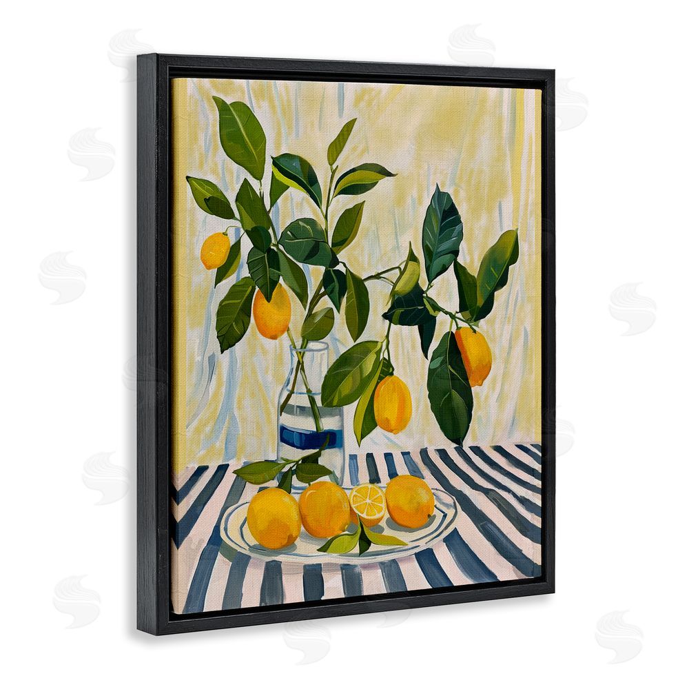 Yen Lemons on Striped Tablecloth Black Floating Framed Canvas Wall Art