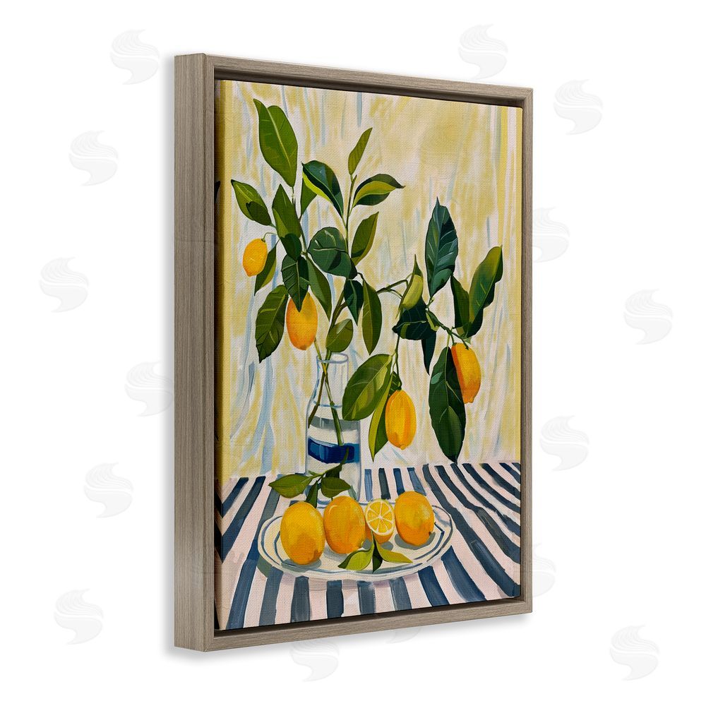 Yen Lemons on Striped Tablecloth Brown Floating Framed Canvas Wall Art
