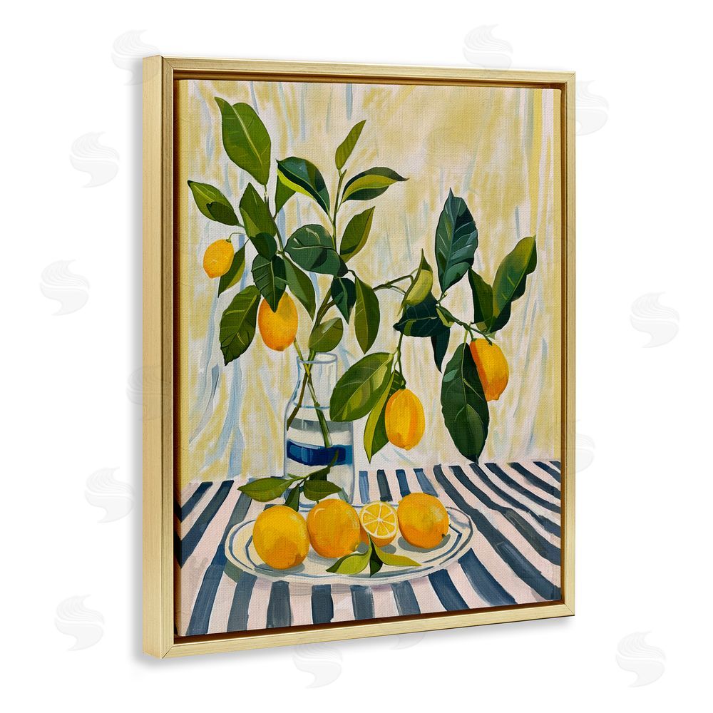 Yen Lemons on Striped Tablecloth Gold Floating Framed Canvas Wall Art