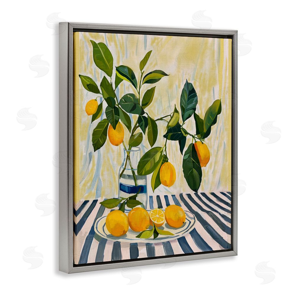 Yen Lemons on Striped Tablecloth Gray Floating Framed Canvas Wall Art
