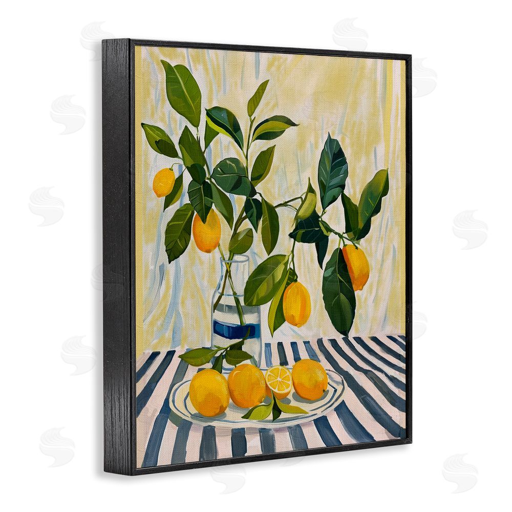 Yen Lemons on Striped Tablecloth Black Framed Giclee Wall Art