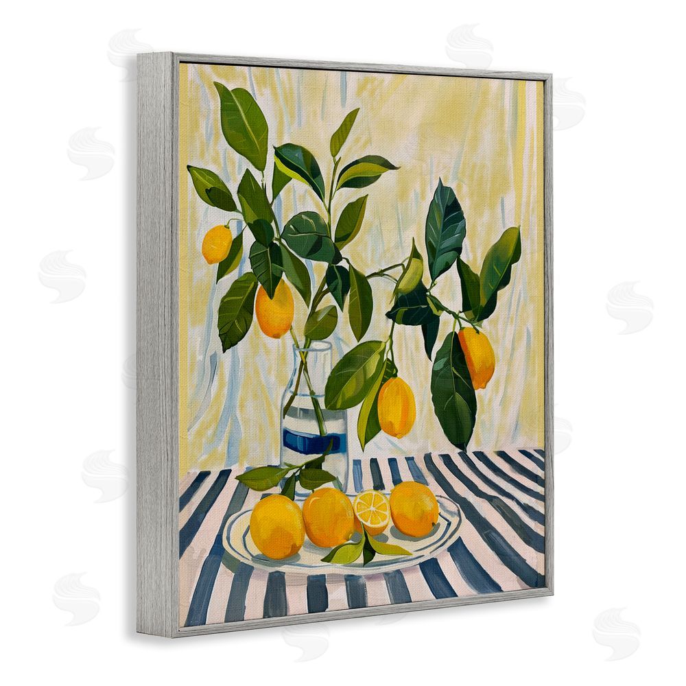 Yen Lemons on Striped Tablecloth Gray Framed Giclee Wall Art