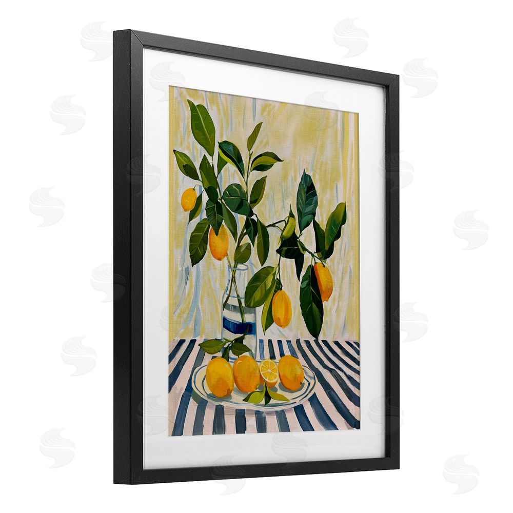 Yen Lemons on Striped Tablecloth Black Framed Print Under Glass Wall Art