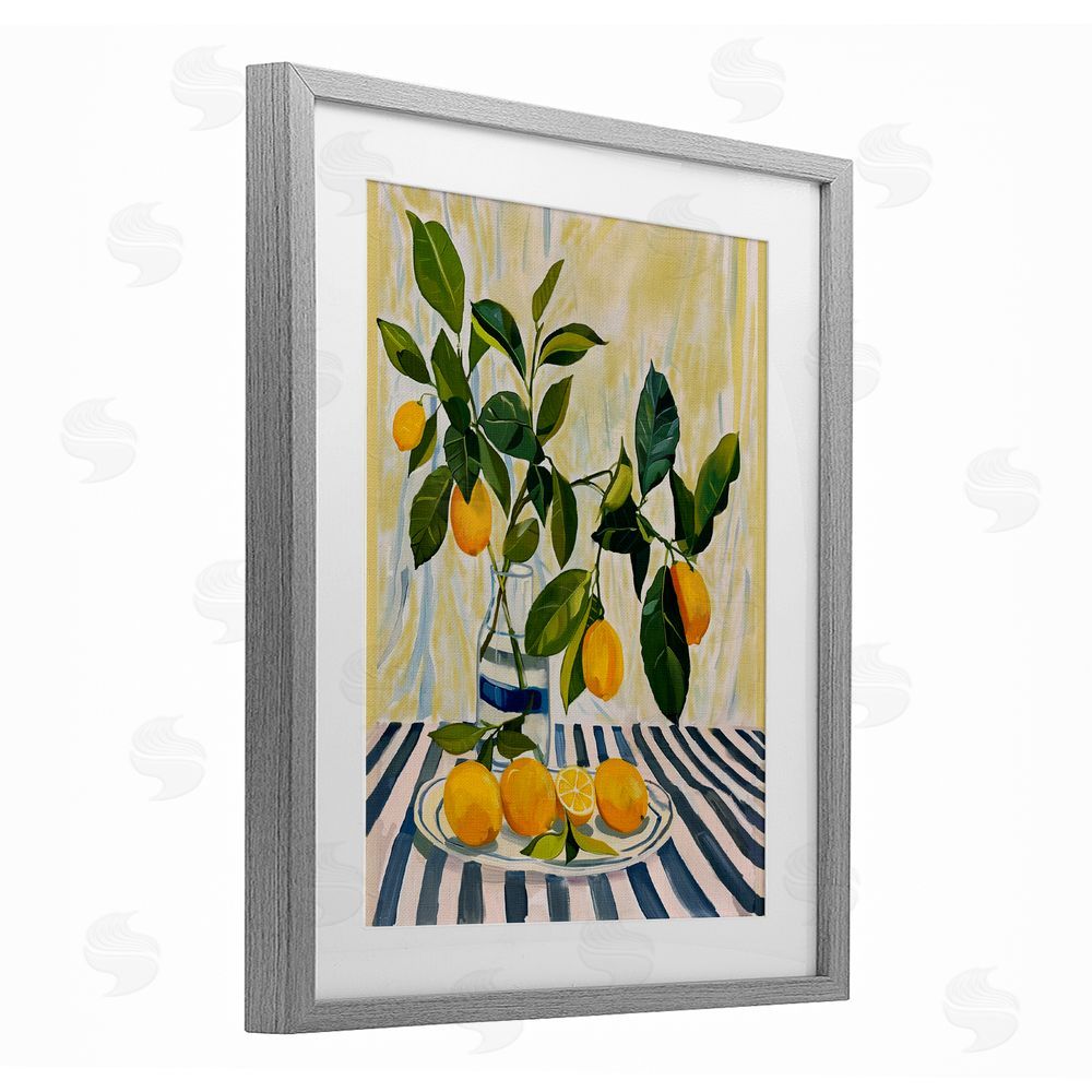 Yen Lemons on Striped Tablecloth Gray Framed Print Under Glass Wall Art