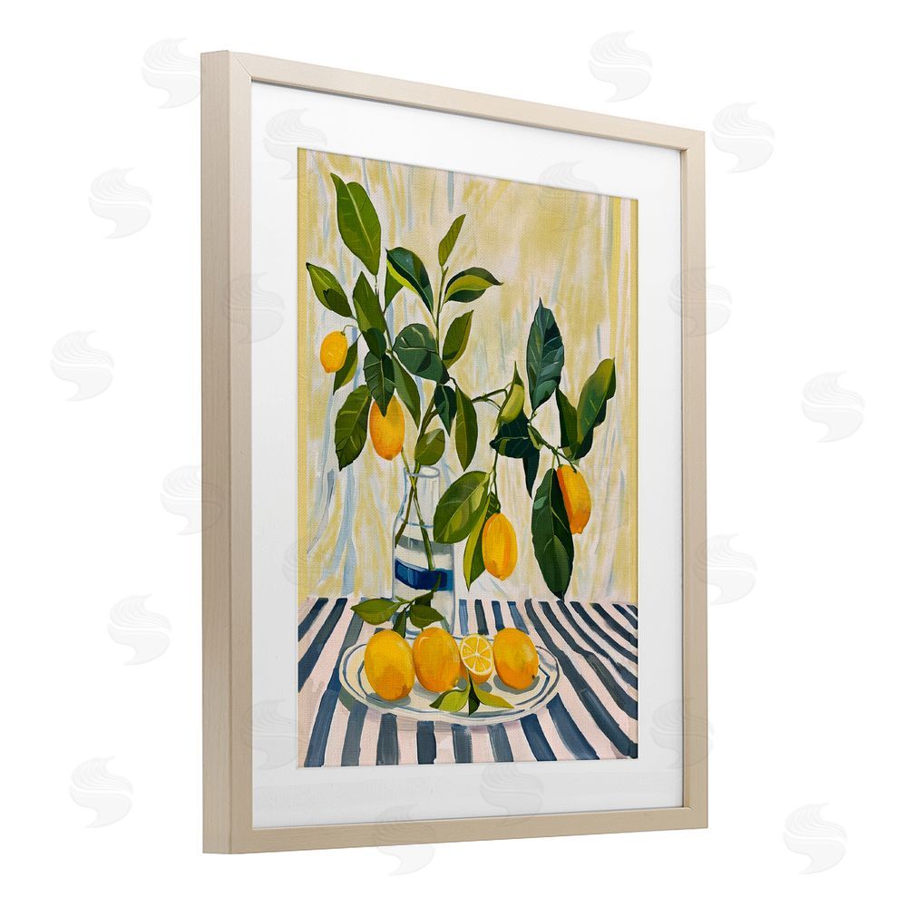 Yen Lemons on Striped Tablecloth Brown Framed Print Under Glass Wall Art