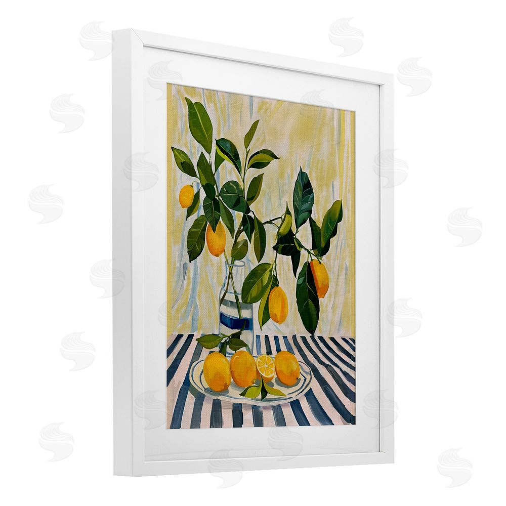 Yen Lemons on Striped Tablecloth White Framed Print Under Glass Wall Art