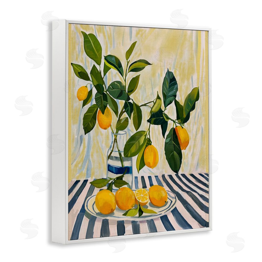 Yen Lemons on Striped Tablecloth White Framed Giclee Wall Art