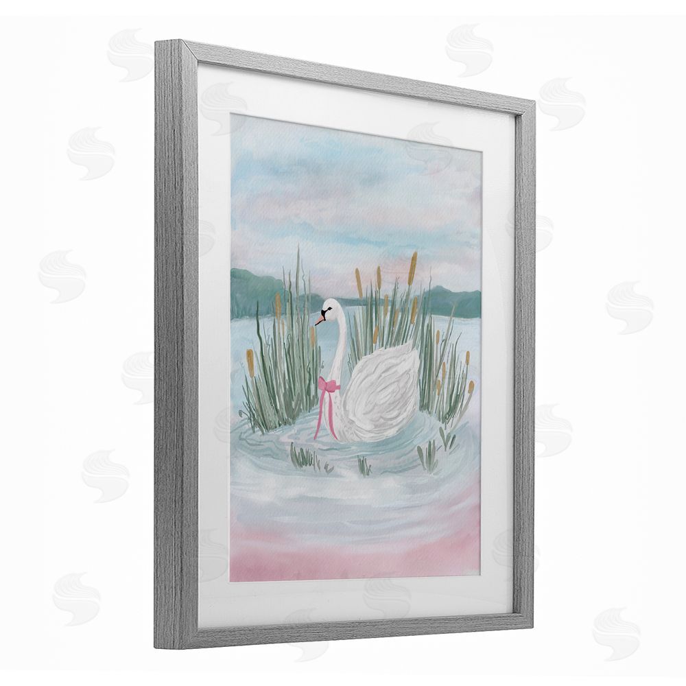 Adreane Fippinger Swan Serenade on Lake Gray Framed Print Under Glass with White Mat Wall Art