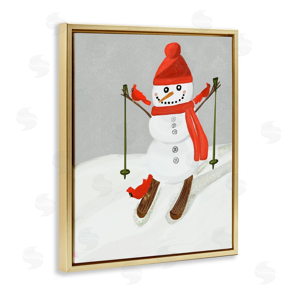Kristal Clifford Snowman Skiing with Cardinals Gold Floating Frame Canvas Art Print