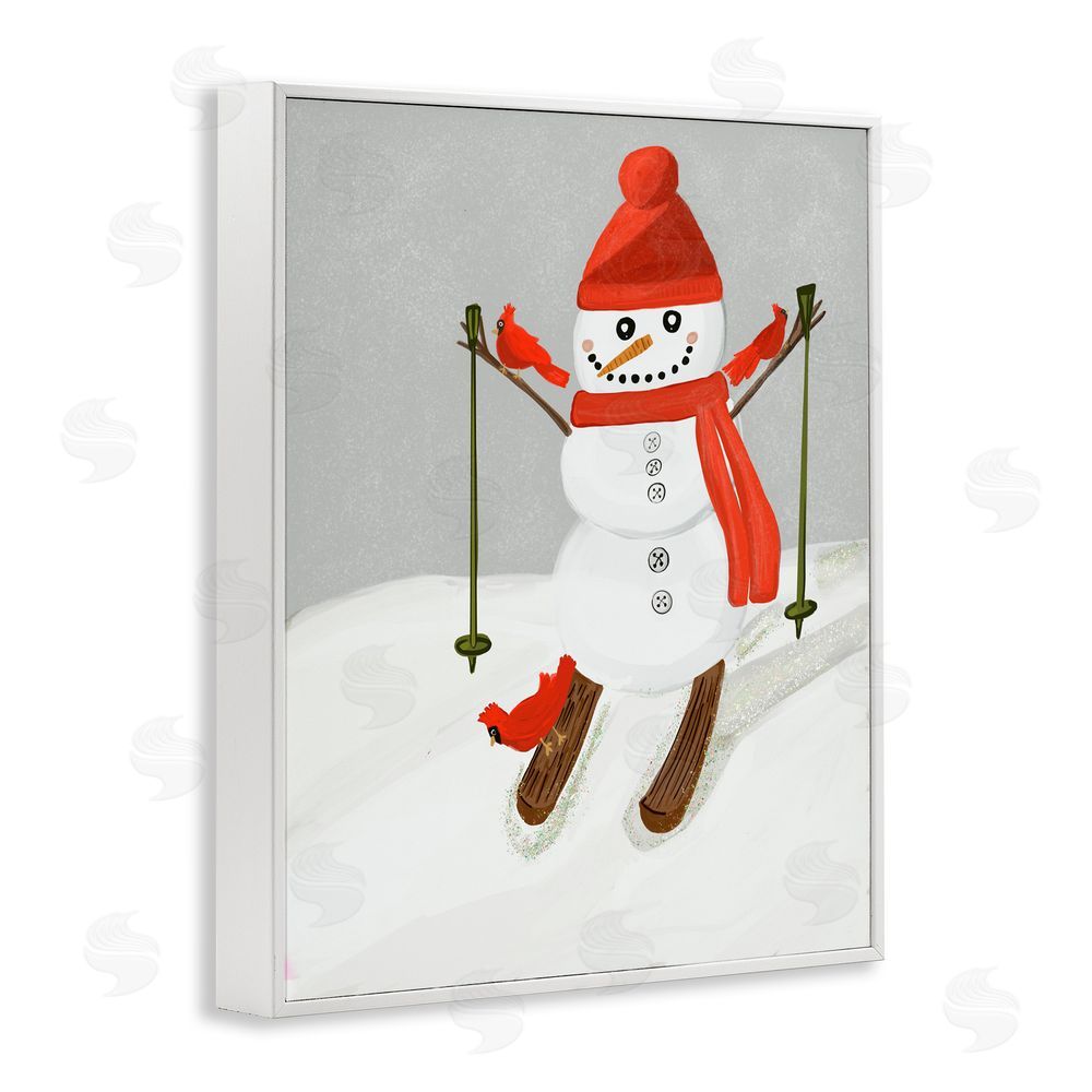 Kristal Clifford Snowman Skiing with Cardinals White Frame Giclee Art Print
