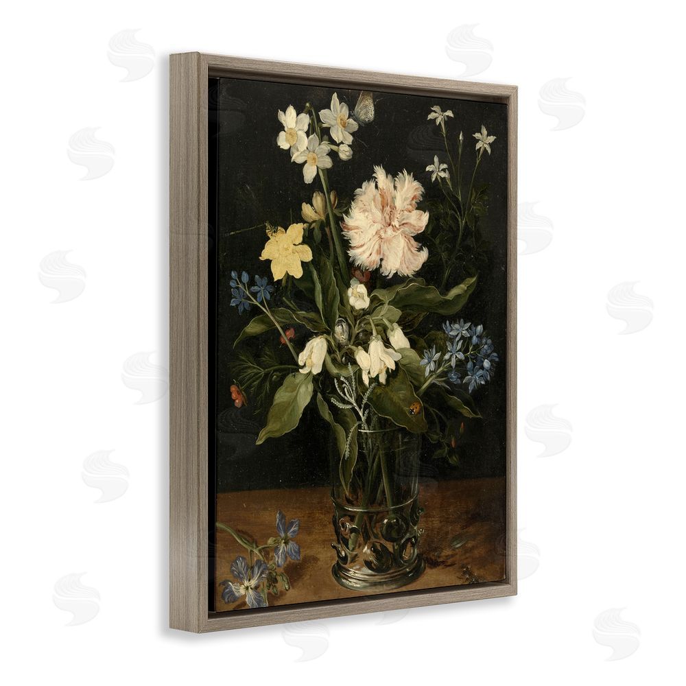 Vintage Hustle Chrysanthemum & Flowers in Vase Brown Floating Frame Canvas Wall Art Print