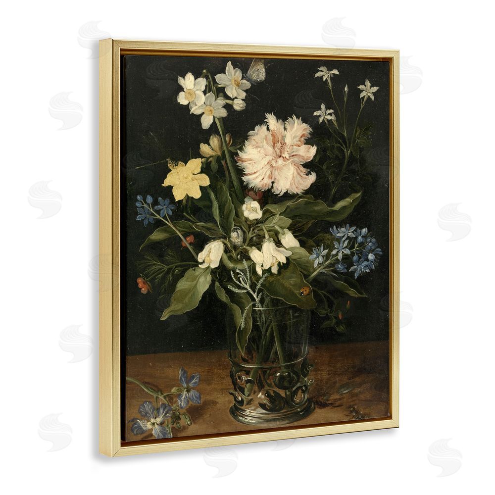 Vintage Hustle Chrysanthemum & Flowers in Vase Gold Floating Frame Canvas Wall Art Print