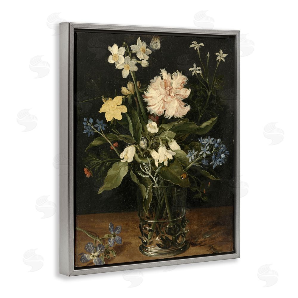 Vintage Hustle Chrysanthemum & Flowers in Vase Gray Floating Frame Canvas Wall Art Print