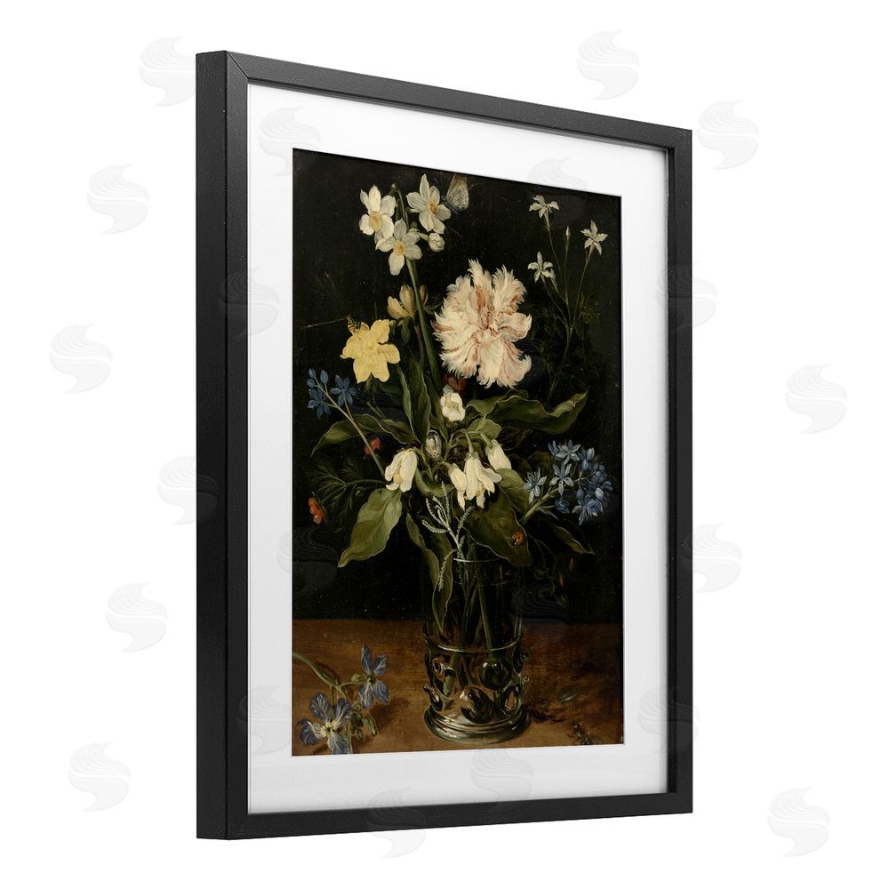Vintage Hustle Chrysanthemum & Flowers in Vase Black Framed Print Under Glass Wall Art