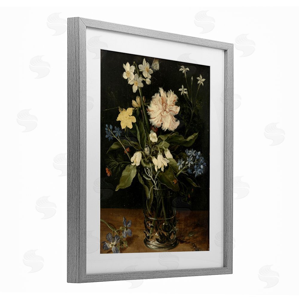 Vintage Hustle Chrysanthemum & Flowers in Vase Gray Framed Print Under Glass Wall Art