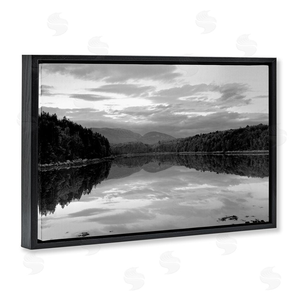 MJ Photography Acadia Reflection in Monochrome Black Floating Frame Stretched Canvas Wall Art Print