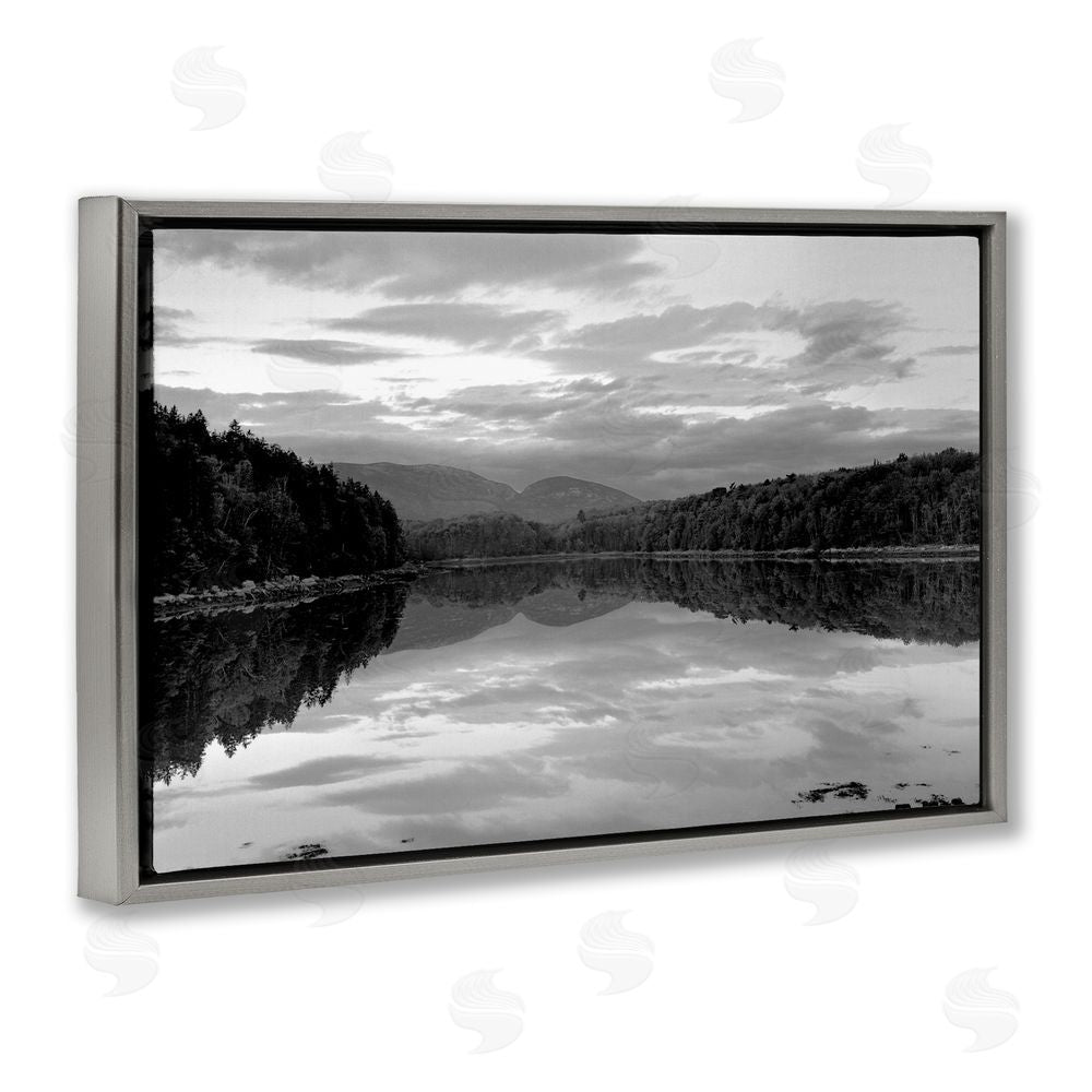 MJ Photography Acadia Reflection in Monochrome Gray Floating Frame Stretched Canvas Wall Art Print