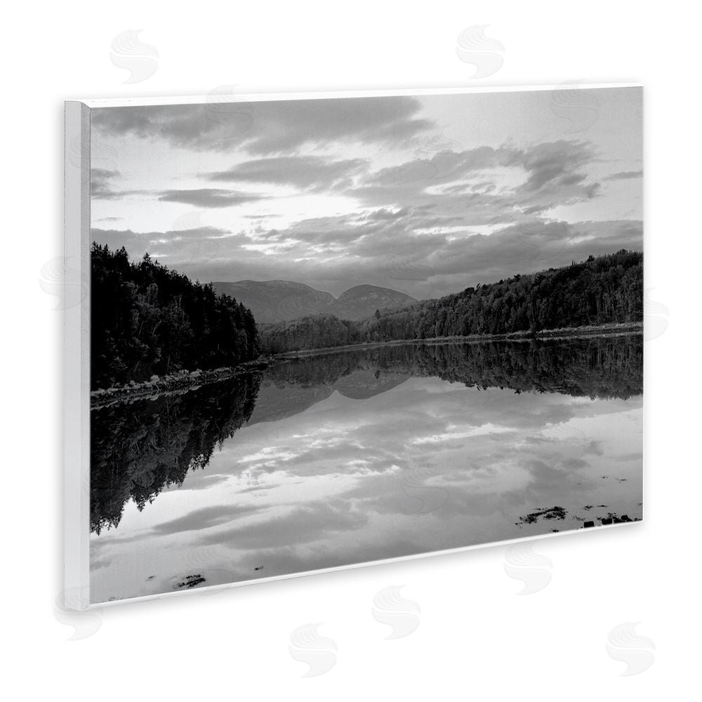 MJ Photography Acadia Reflection in Monochrome Wall Plaque Art Print with White Foil Wrap