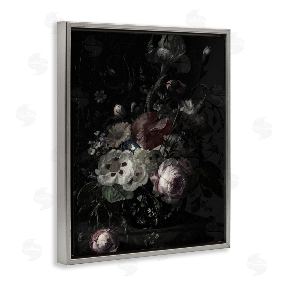 Annabelle Hall Dark Arrangement of Flowers Gray Floating Frame Canvas Wall Art Print