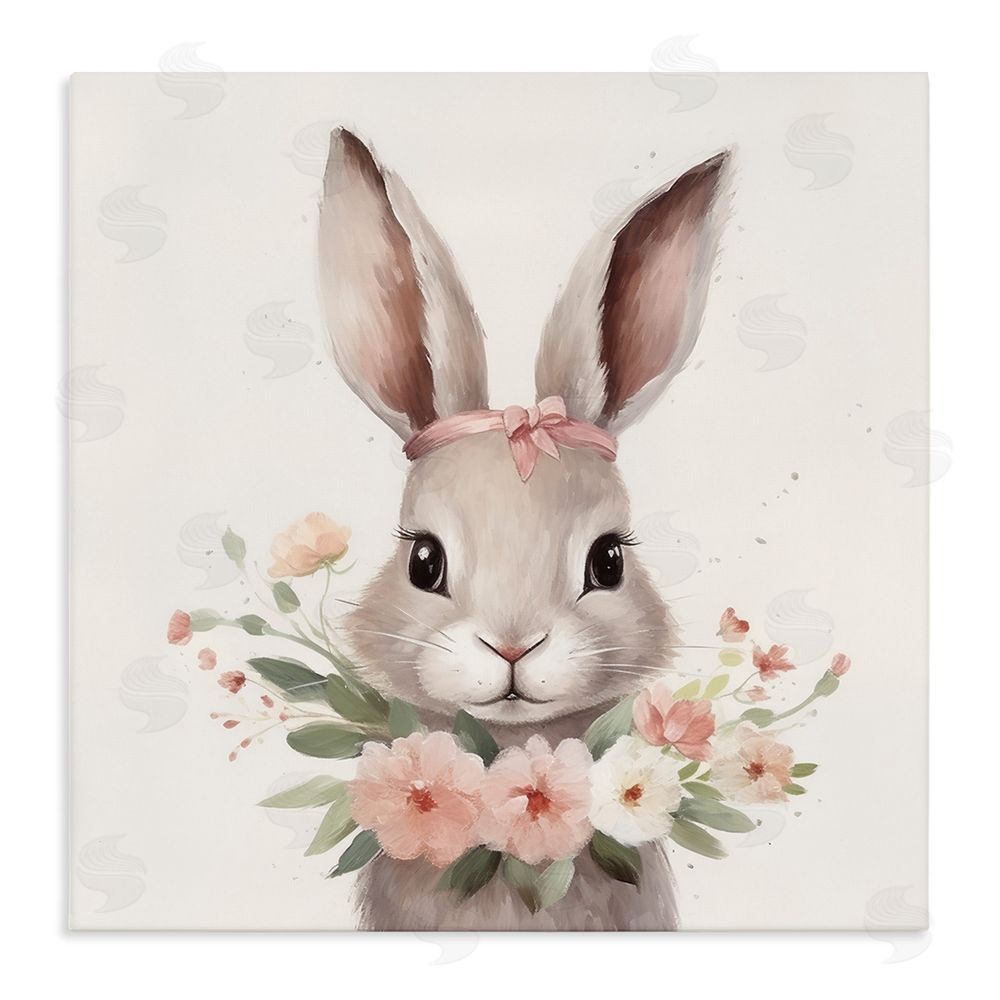 Lazar Studio Charming Bunny in Floral Wreath Stretched Canvas Wall Art Print
