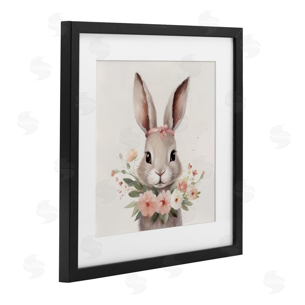 Lazar Studio Charming Bunny in Floral Wreath Black Framed Print Under Glass with Matting Wall Art