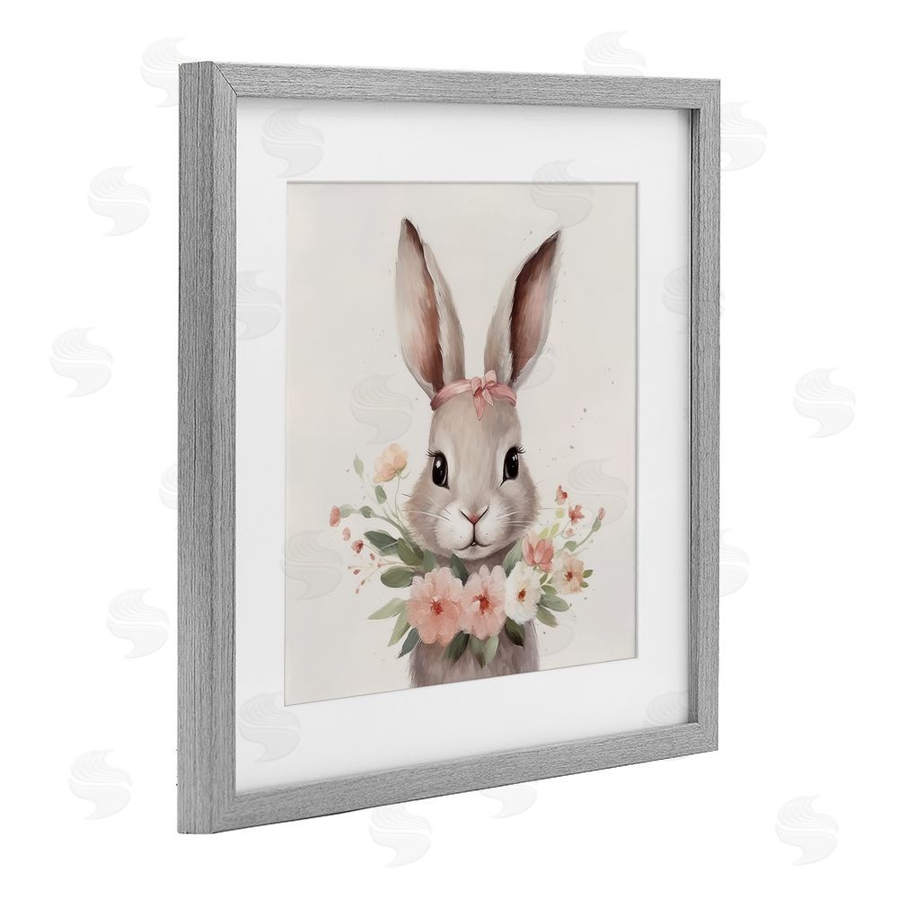 Lazar Studio Charming Bunny in Floral Wreath Gray Framed Print Under Glass with Matting Wall Art