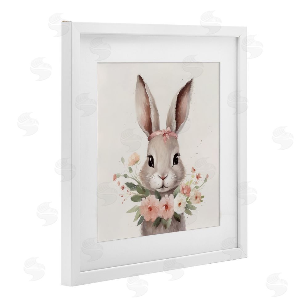 Lazar Studio Charming Bunny in Floral Wreath White Framed Print Under Glass with Matting Wall Art