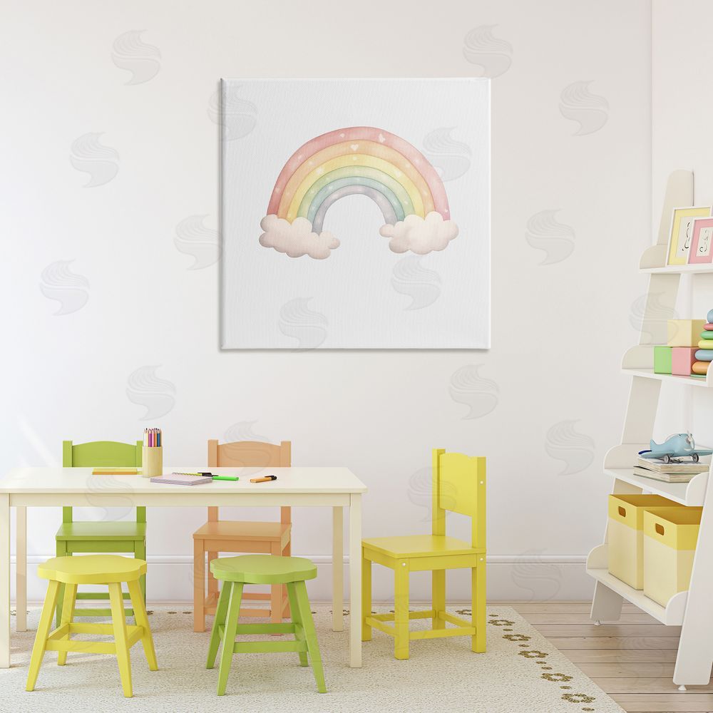 Karen Smith Dreamy Pastel Rainbow with Clouds Stretched Canvas Wall Art in Room