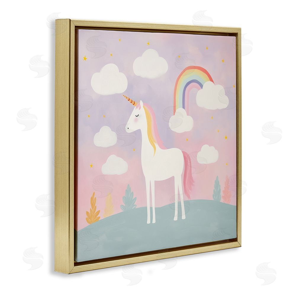 Lazar Studio Mystical Unicorn with Rainbow & Clouds Gold Floating Framed Canvas Wall Art