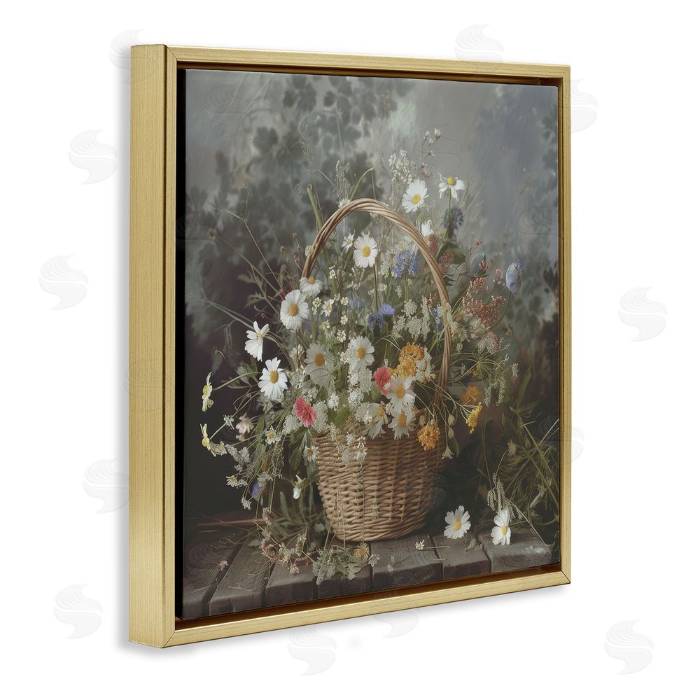 Lazar Studio Florals In A Basket Arrangement Gold Floating Framed Canvas Wall Art