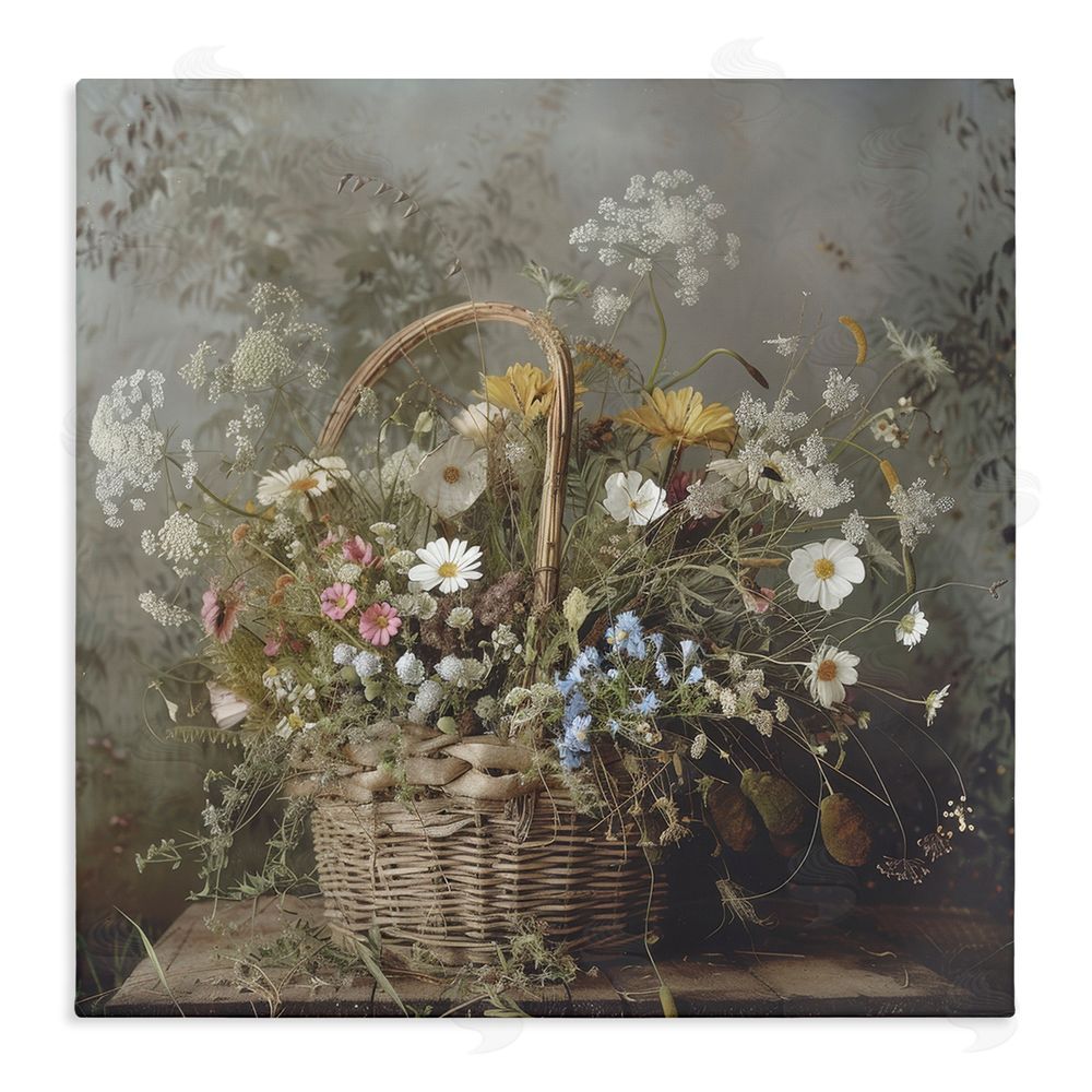 Lazar Studio Rustic Basket with Flowers Stretched Canvas Wall Art
