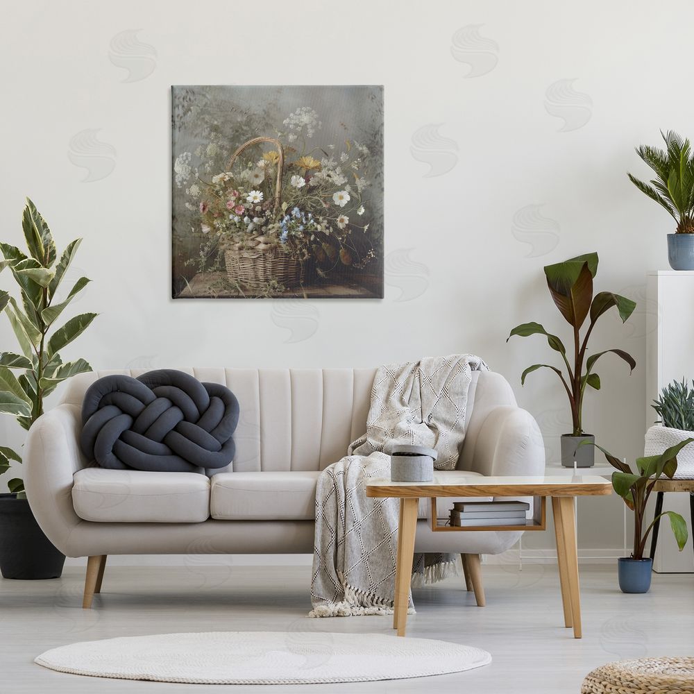 Lazar Studio Rustic Basket with Flowers Stretched Canvas Wall Art in Room
