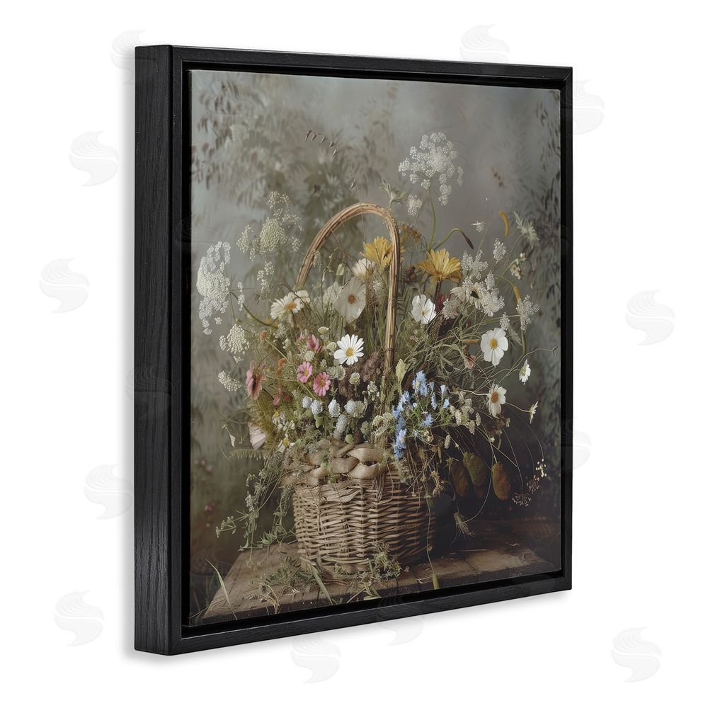 Lazar Studio Rustic Basket with Flowers Black Floating Framed Canvas Wall Art