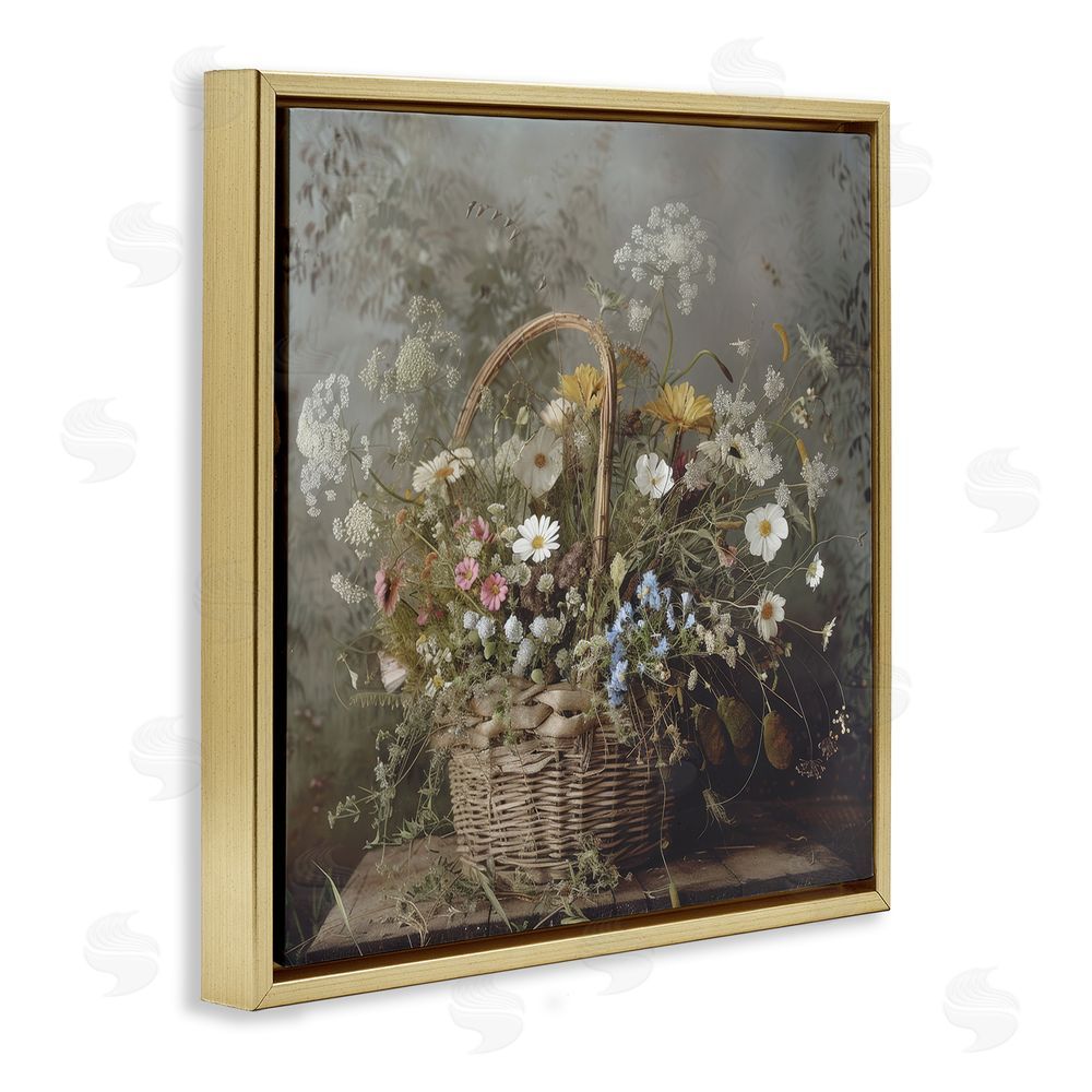 Lazar Studio Rustic Basket with Flowers Gold Floating Framed Canvas Wall Art