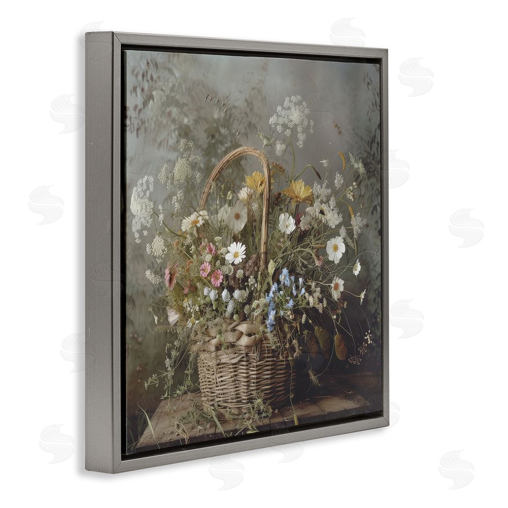 Lazar Studio Rustic Basket with Flowers Gray Floating Framed Canvas Wall Art