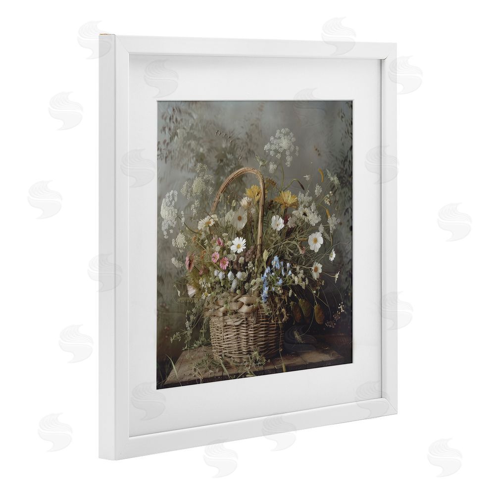 Lazar Studio Rustic Basket with Flowers White Framed Print Under Glass Wall Art