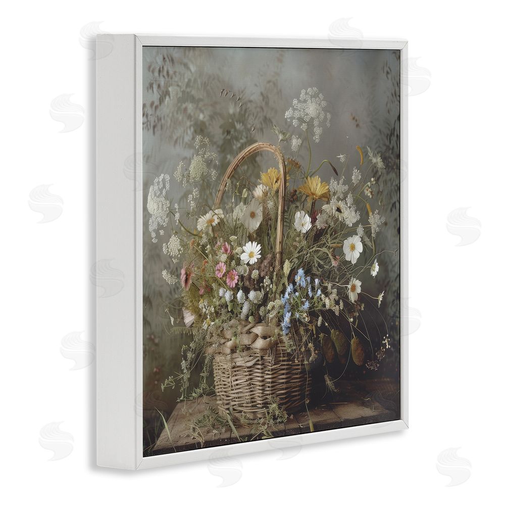 Lazar Studio Rustic Basket with Flowers White Framed Giclee Wall Art