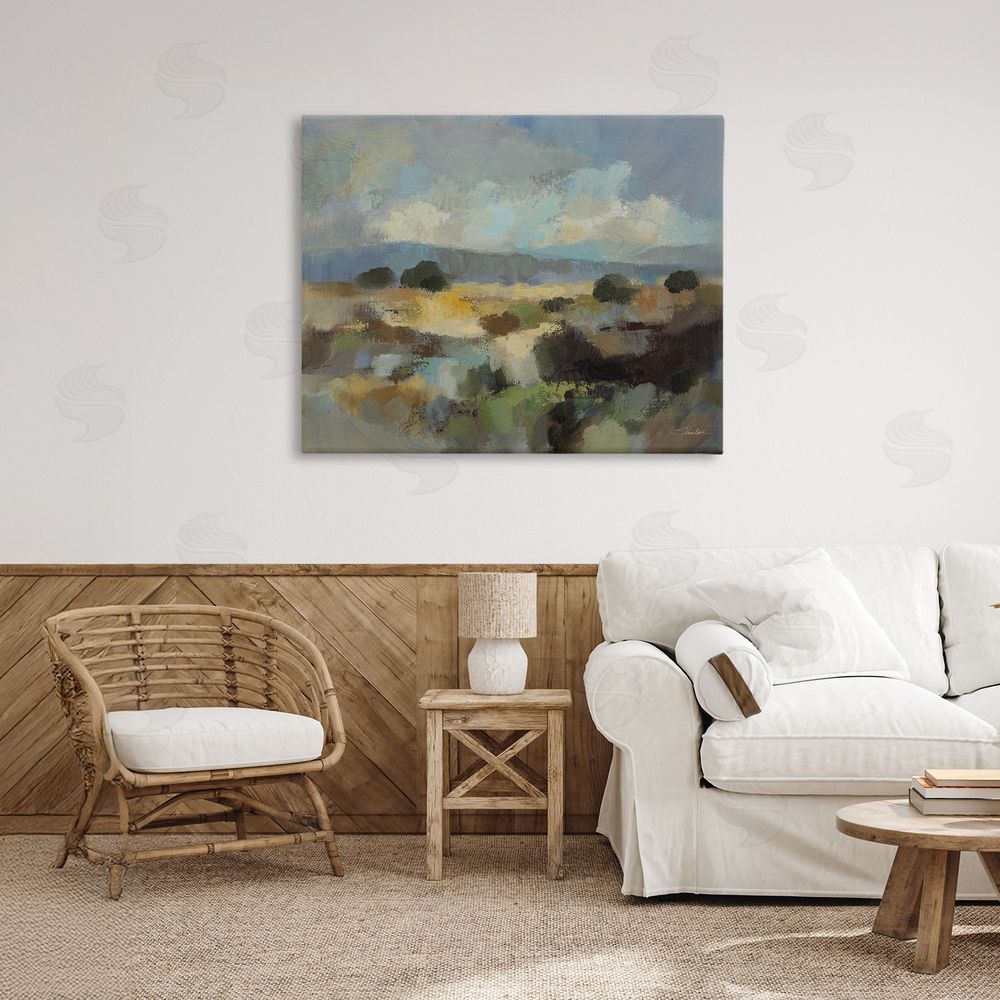 Silvia Vassileva Muted Blue Landscape with Clouds Stretched Canvas Wall Art in Room