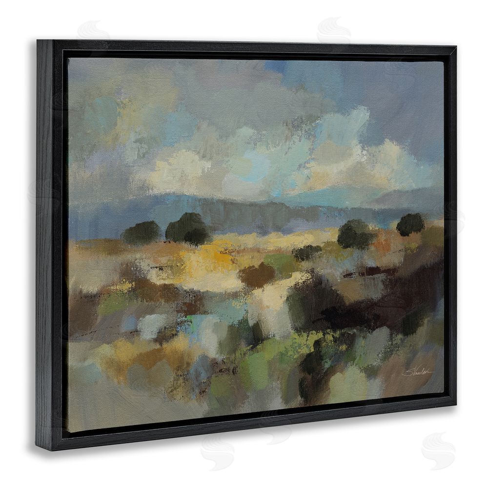 Silvia Vassileva Muted Blue Landscape with Clouds Black Floating Framed Canvas Wall Art