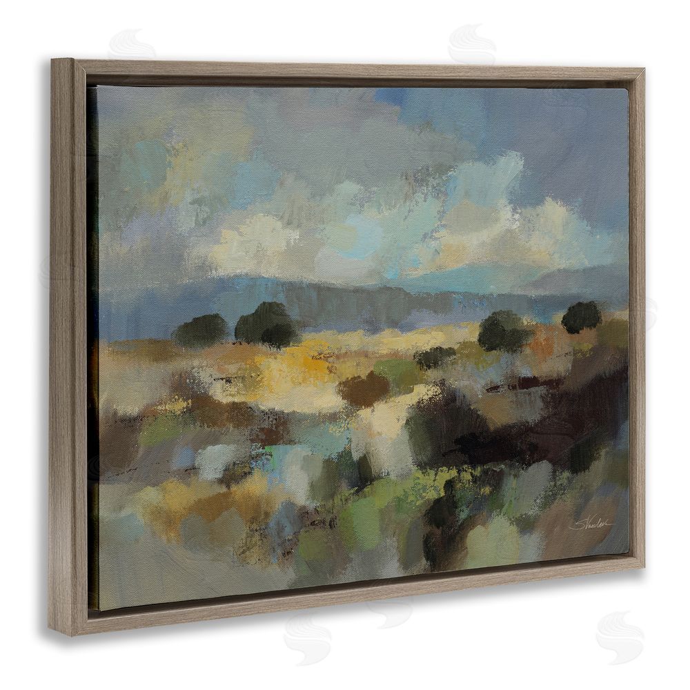 Silvia Vassileva Muted Blue Landscape with Clouds Brown Floating Framed Canvas Wall Art