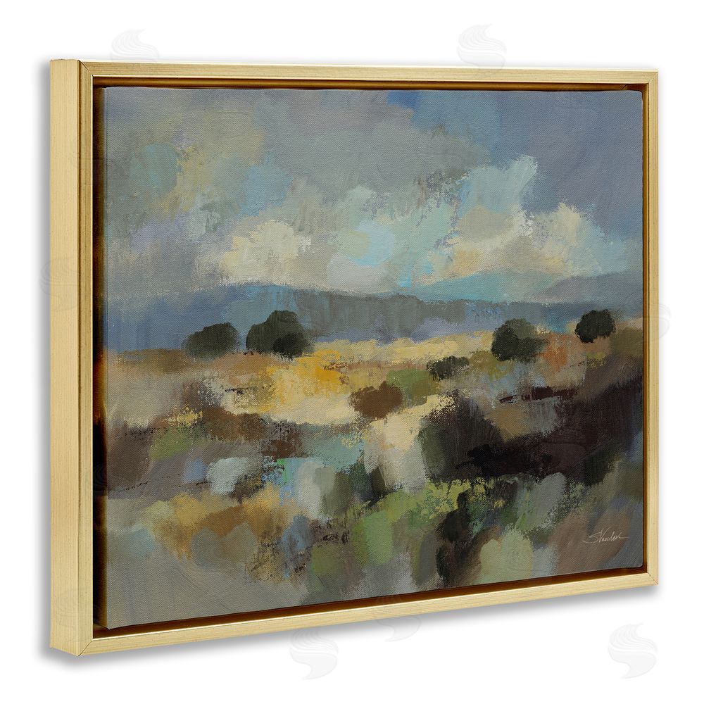 Silvia Vassileva Muted Blue Landscape with Clouds Gold Floating Framed Canvas Wall Art