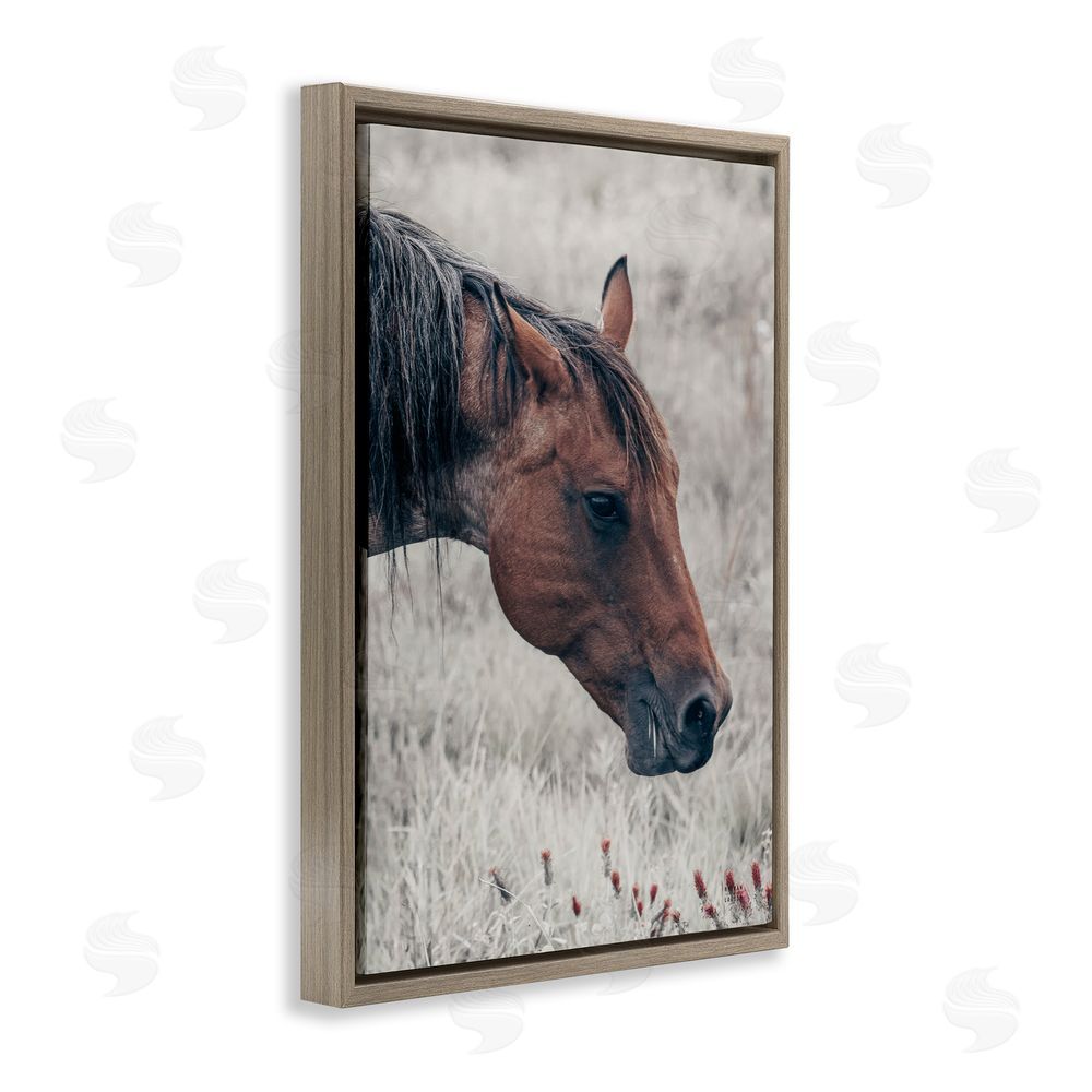 Nathan Larson Mother Horse Grazing in Meadow Brown Floating Framed Canvas Wall Art
