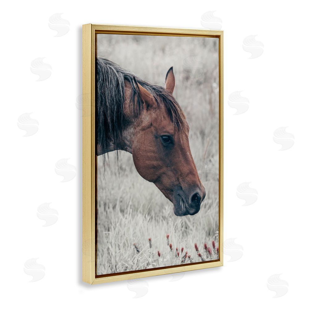 Nathan Larson Mother Horse Grazing in Meadow Gold Floating Framed Canvas Wall Art