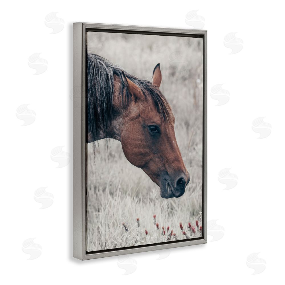 Nathan Larson Mother Horse Grazing in Meadow Gray Floating Framed Canvas Wall Art