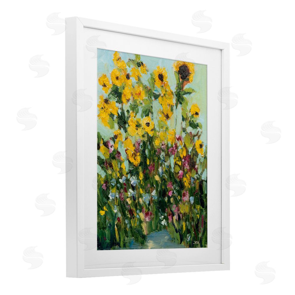 Carson Overstreet Sunlit Sunflowers in Garden White Framed Print Under Glass with White Mat Wall Art